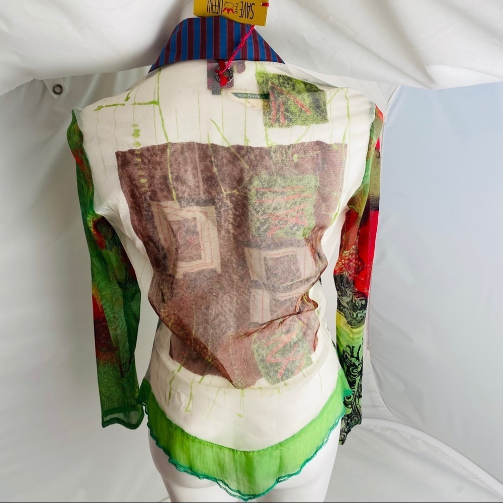 Save the Queen green multicolor stripe snap shirt S - Picture 5 of 14